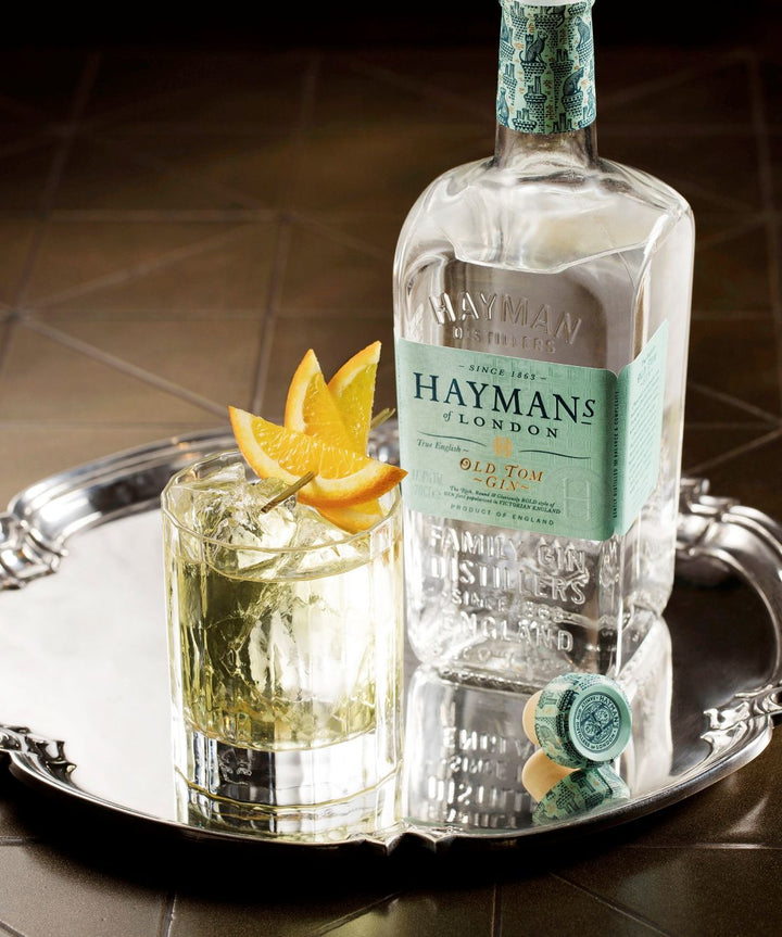 Hayman's gin bottle with a cocktail on a silver tray