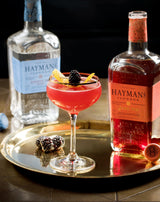 Cocktail with garnishes on a tray next to bottles of Hayman's gin and aperitif.