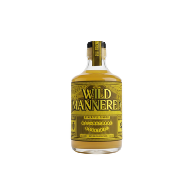 A bottle of Wild Mannered Pineapple Ginger All-Made Cocktail mix, featuring a yellow and black label with the brand name 'WILD MANNERED' in bold black letters, filled with a golden-yellow liquid, set against a plain white background. product image