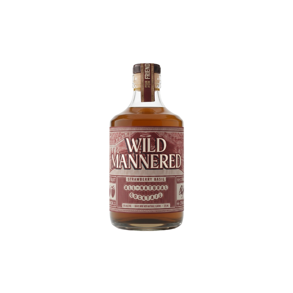 A bottle of Wild Mannered Strawberry Rhyme Straight Bourbon Whiskey on a solid white background.