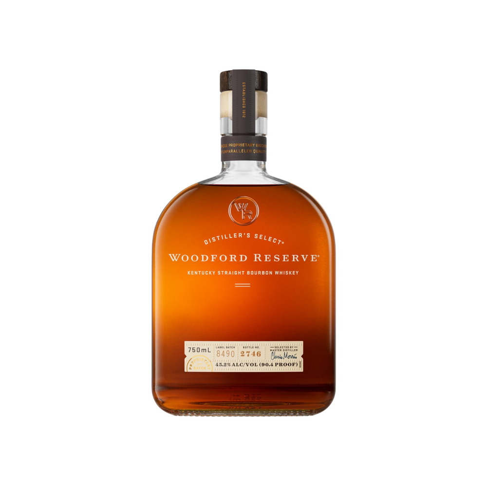 Bottle of Woodford Reserve Kentucky Straight Bourbon Whiskey.