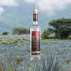 A tall artesanal shaped bottle with a red label and gold writing stating: Xicaru Mexcal Silver 102 Proof. Set against a backdrop of a sweeping view of agave fields in the foreground and misty mountains in the background.