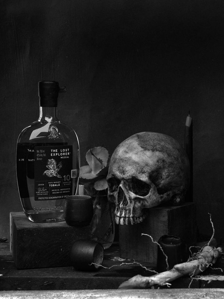 Still life arrangement with a bottle labeled 'The Lost Explorer' and a skull on a dark background.