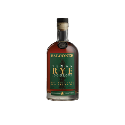 Bottle of Balcones Texas Rye 100 Proof Rye Whiskey.