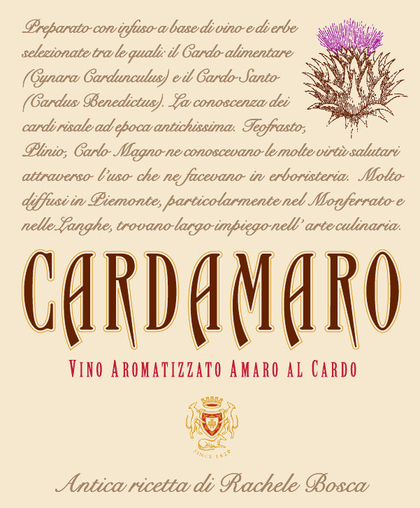 A close-up of the label.  Words in Italian in small script above, the name of the bottle in hand-drawn larger script at the bottom third. A few hand-drawn illustrations -- an emblem and a thistle.