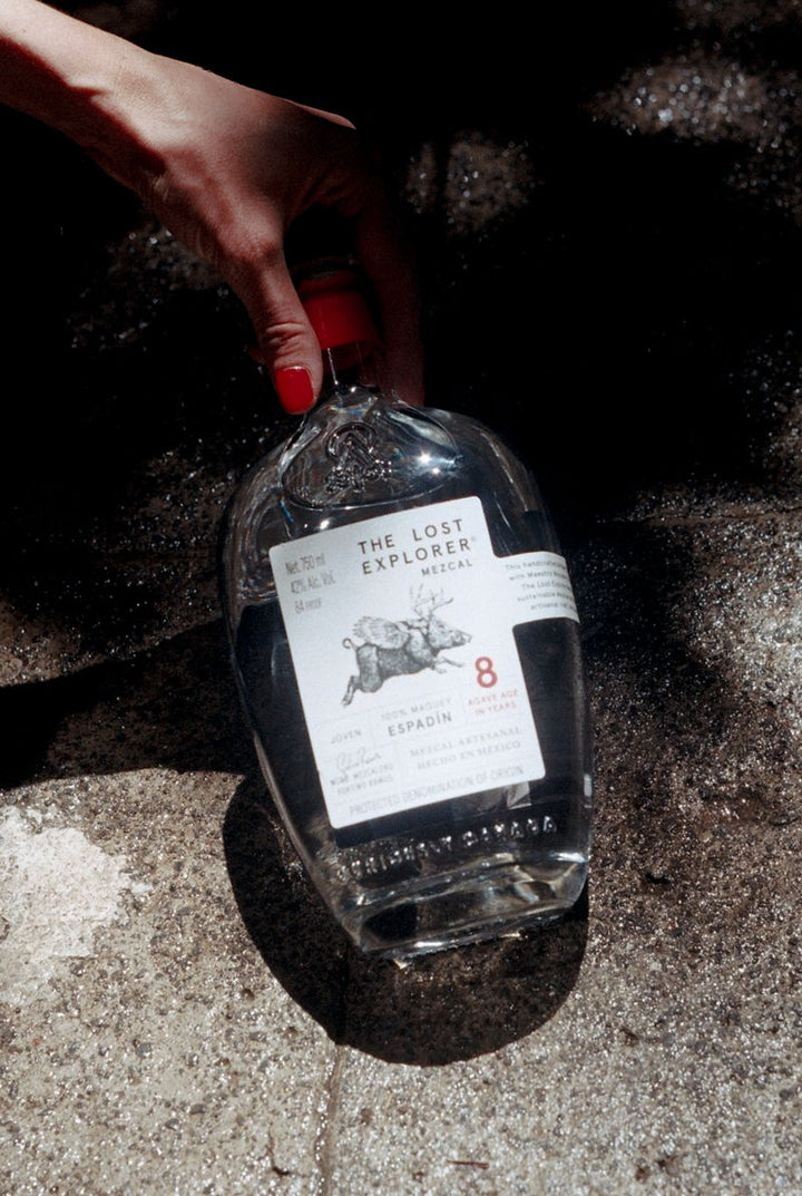 Bottle of 'The Last Explorer' mezcal held by a hand on a textured surface