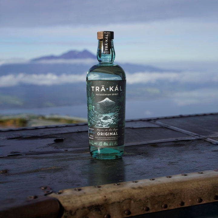 Bottle of TRÄKÁL on a metal surface with a mountainous landscape in the background