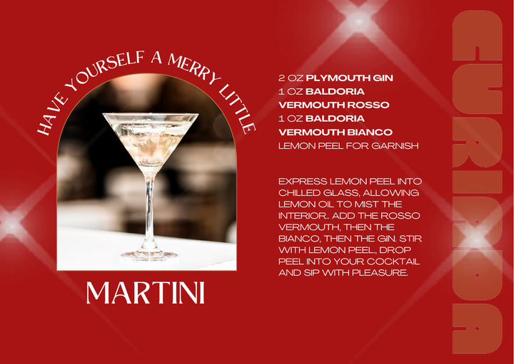 Martini recipe card with a glass of martini on a red background
