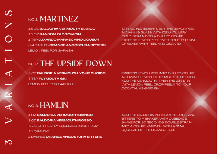 Red cocktail menu with three variations of cocktails on a red background