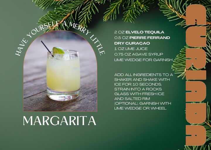 Margarita recipe card with a glass of margarita, garnish, and festive greenery on a dark green background.