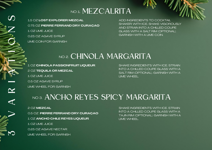 Margarita recipe card with ingredients and variations on a green background