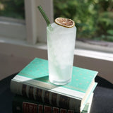 Glass of iced drink with a lemon wheel on top, placed on a stack of books by a window.