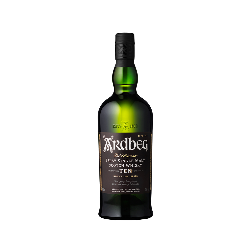 Bottle of Ardbeg 10 Year Islay Single Malt Scotch.