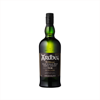 Bottle of Ardbeg 10 Year Islay Single Malt Scotch.