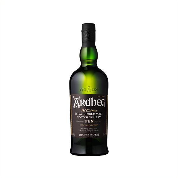 Bottle of Ardbeg 10 Year Islay Single Malt Scotch.
