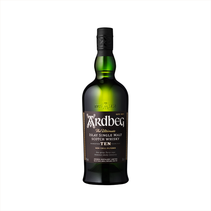 Bottle of Ardbeg 10 Year Islay Single Malt Scotch.