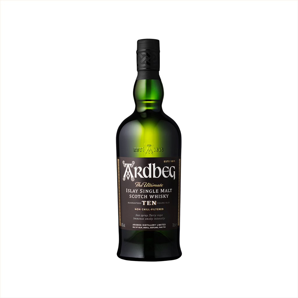 Bottle of Ardbeg 10 Year Islay Single Malt Scotch.