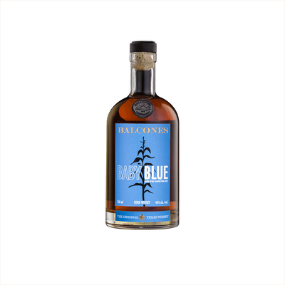 Bottle of Balcones Baby Blue Corn Whisky.
