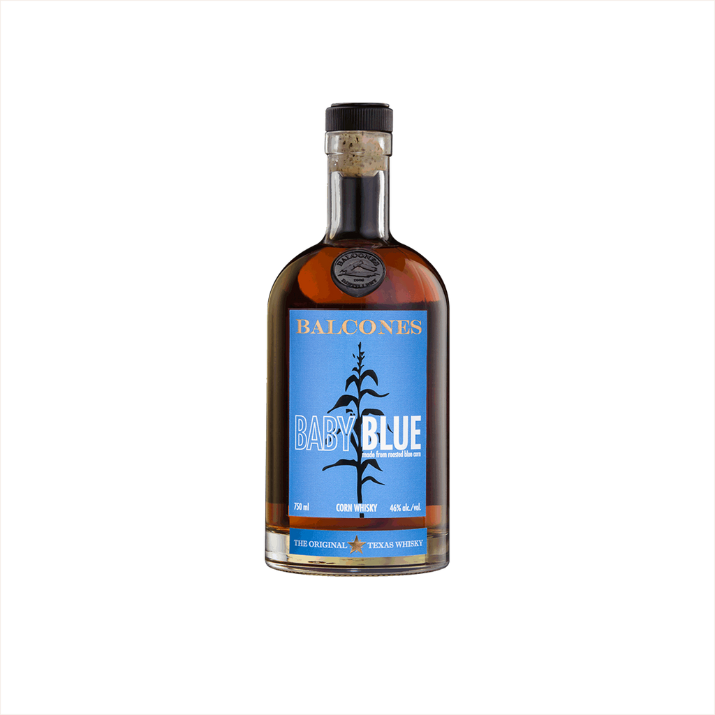 Bottle of Balcones Baby Blue Corn Whisky.