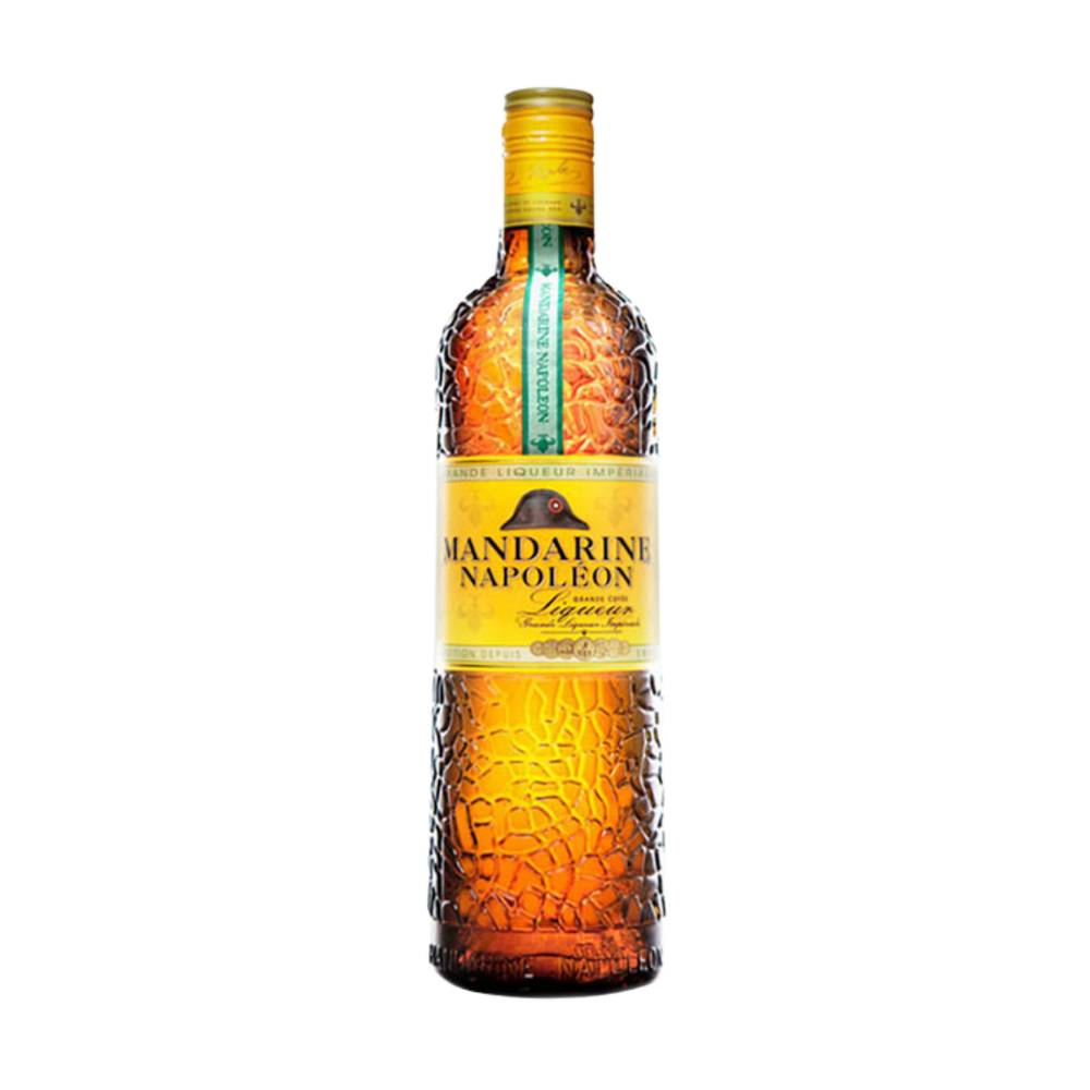 Bottle of Mandarine Napoleon Liqueur. A gold and brown bottle with yellow label and cap.