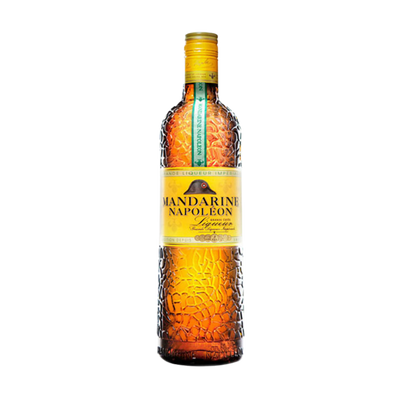 Bottle of Mandarine Napoleon Liqueur. A gold and brown bottle with yellow label and cap.