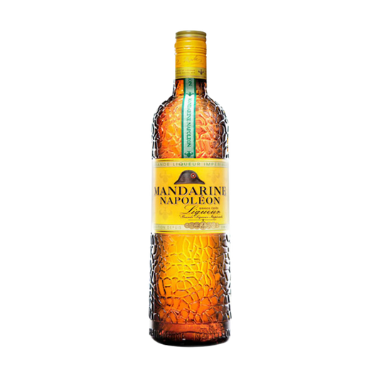 Bottle of Mandarine Napoleon Liqueur. A gold and brown bottle with yellow label and cap.