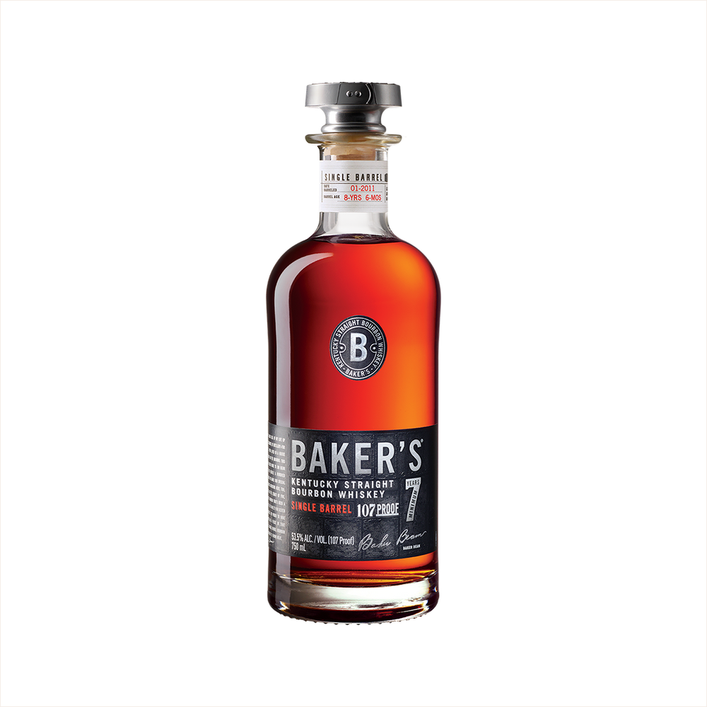 Bottle of Baker's 7 Year Old Single Barrel Bourbon.