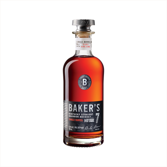 Bottle of Baker's 7 Year Old Single Barrel Bourbon.