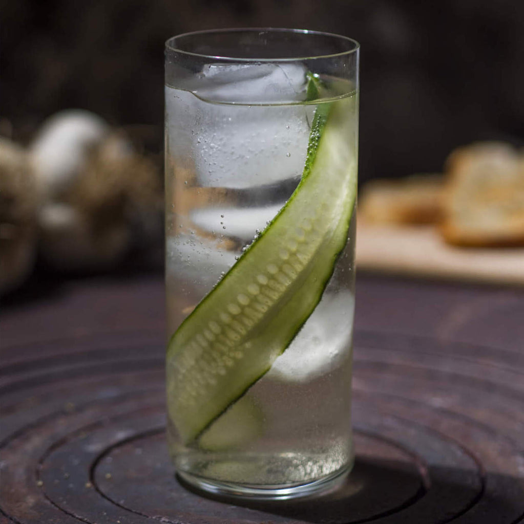 Vermouth and tonic cocktail in a glass garnished with cucumber.