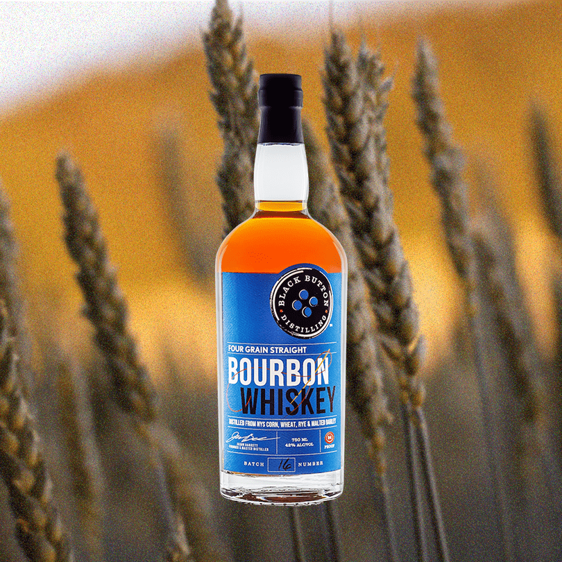 Bottle image of Black Button Four Grain Whiskey over a blurred background image of a field.