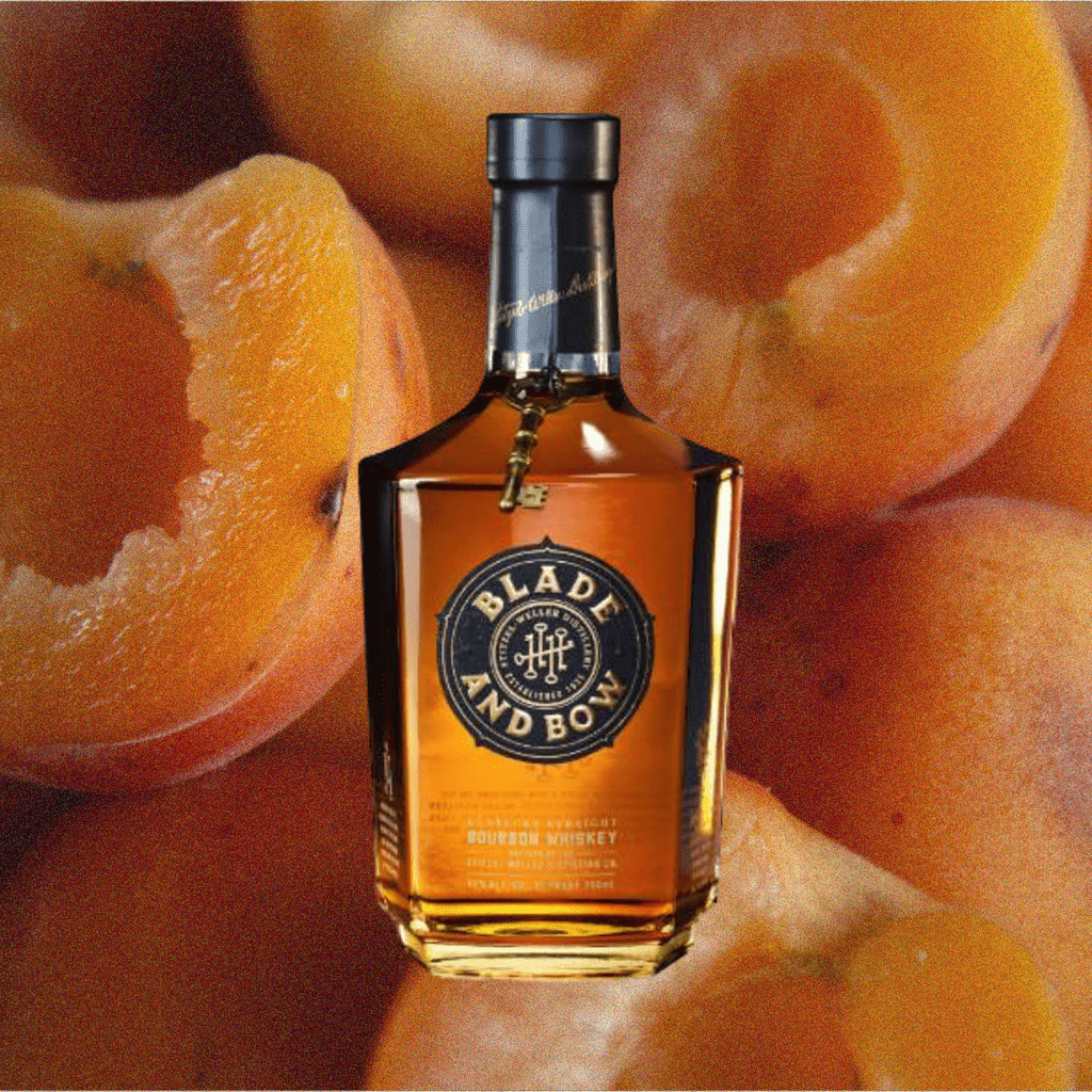 Bottle of Blade and Bow Straight Bourbon Whiskey over background of peaches