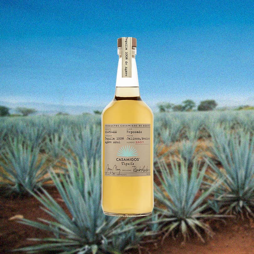 Bottle of Casamigos Reposado Tequila over blurred background of an agave field.