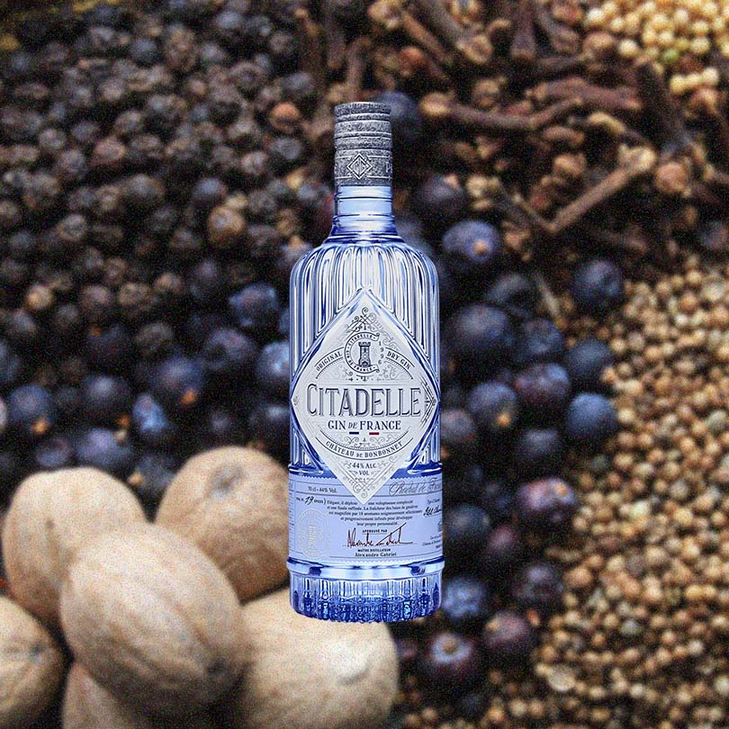 Bottle of Citadelle Gin over blurred background of spices, berries and nuts.