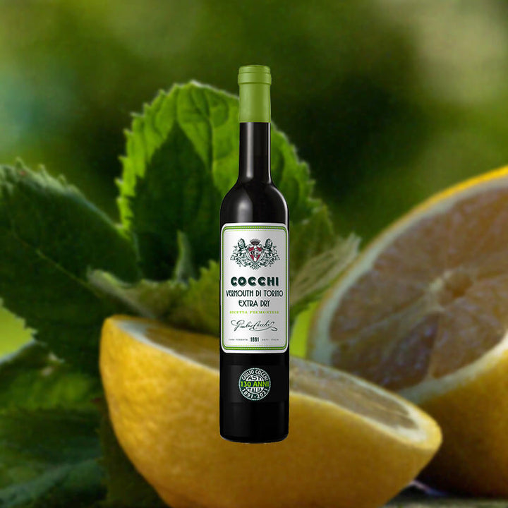 Bottle of Cocchi Vermouth di Torino Extra Dry over backdrop of a lemon cut in half.
