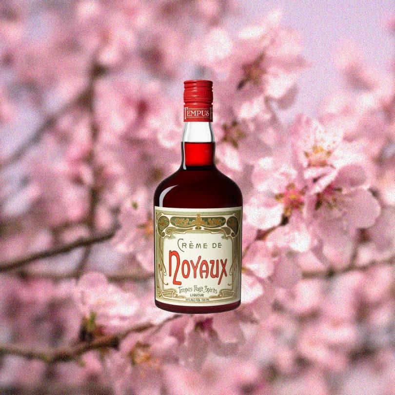 Bottle of Tempus Fugit Creme de Noyaux. Backdrop of pink flowers on a tree.