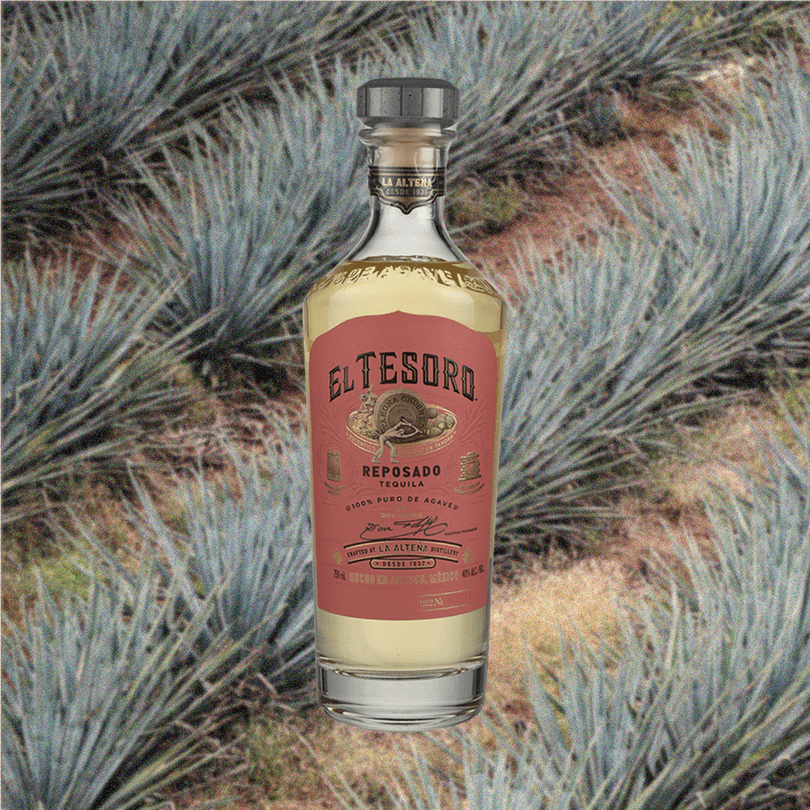 Bottle of El Tesoro Reposado Tequila hovering over a backdrop of agave plants.