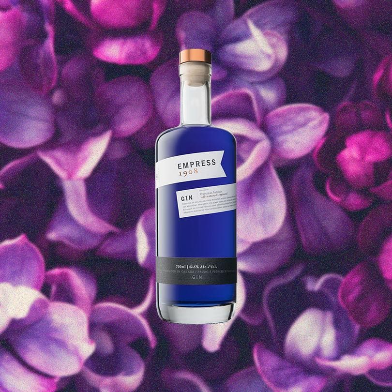 Bottle of Empress 1908 Gin over backdrop of purple flowers.