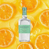 Bottle of Hayman's Old Tom Gin over blurred background of orange fruits.