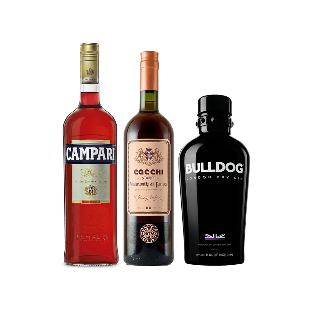 Bottle of Campari + Bulldog London Dry Gin + Cocchi Vermouth di Torino