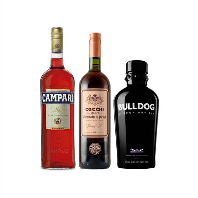 Bottle of Campari + Bulldog London Dry Gin + Cocchi Vermouth di Torino