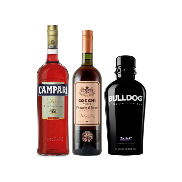Bottle of Campari + Bulldog London Dry Gin + Cocchi Vermouth di Torino