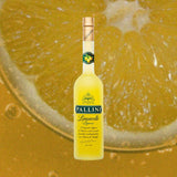 Bottle of Pallini Limoncello over background image of a lemon upclose.