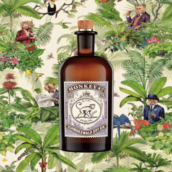 Bottle of Monkey 47 Schwarzwald Dry Gin over backdrop of quirky monkey characters and plants