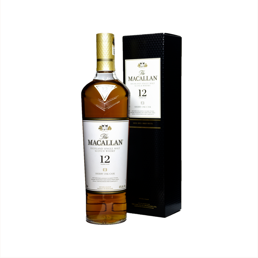 Bottle of Macallan 12 Year Old Sherry Cask Single Malt Scotch Whisky and accompanying box