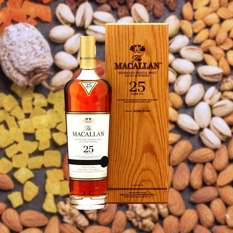 Bottle of Macallan 25 Year Old Sherry Oak Single Malt Scotch Whisky over background image of a variety of nuts.