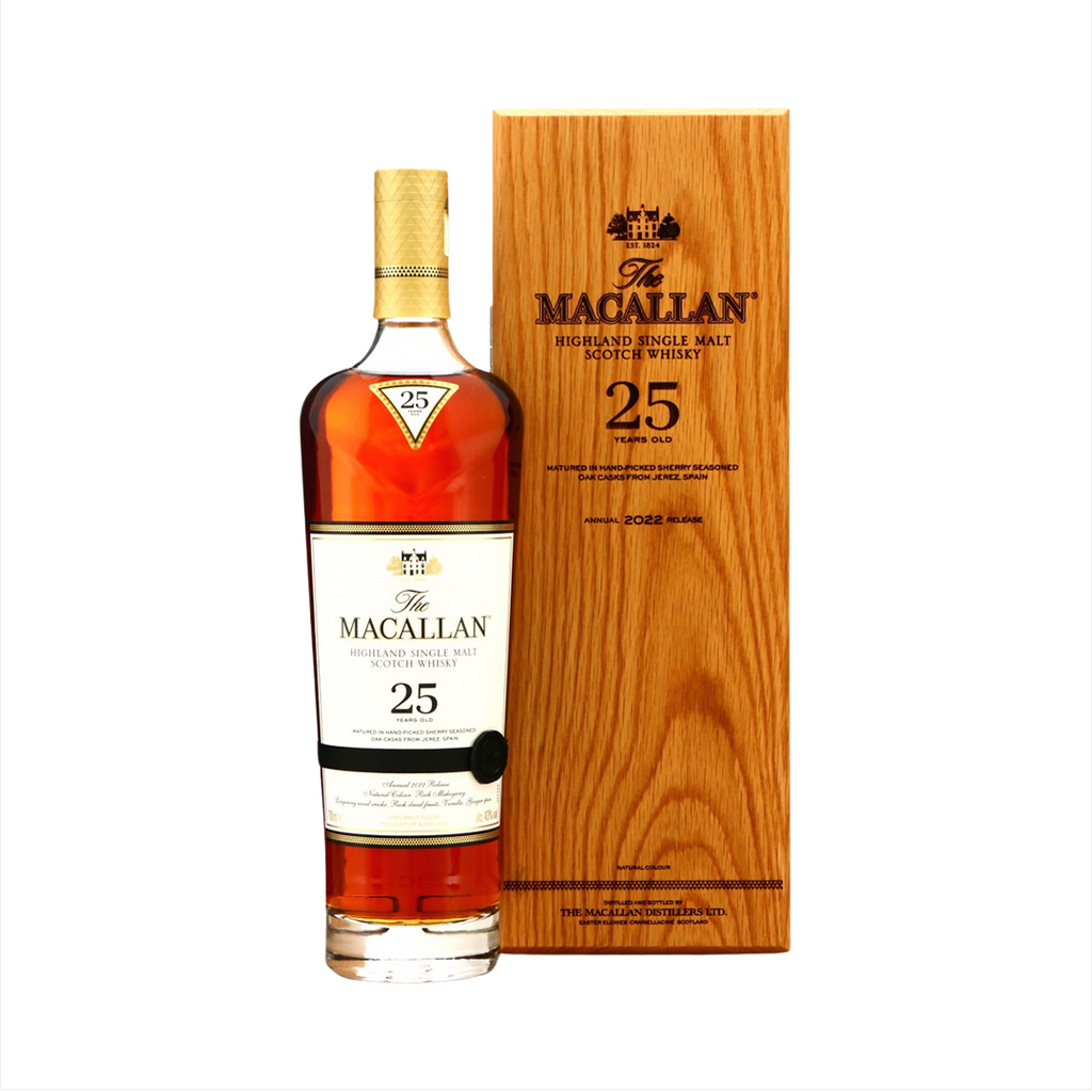 Bottle of Macallan 25 Year Old Sherry Oak Single Malt Scotch Whisky.