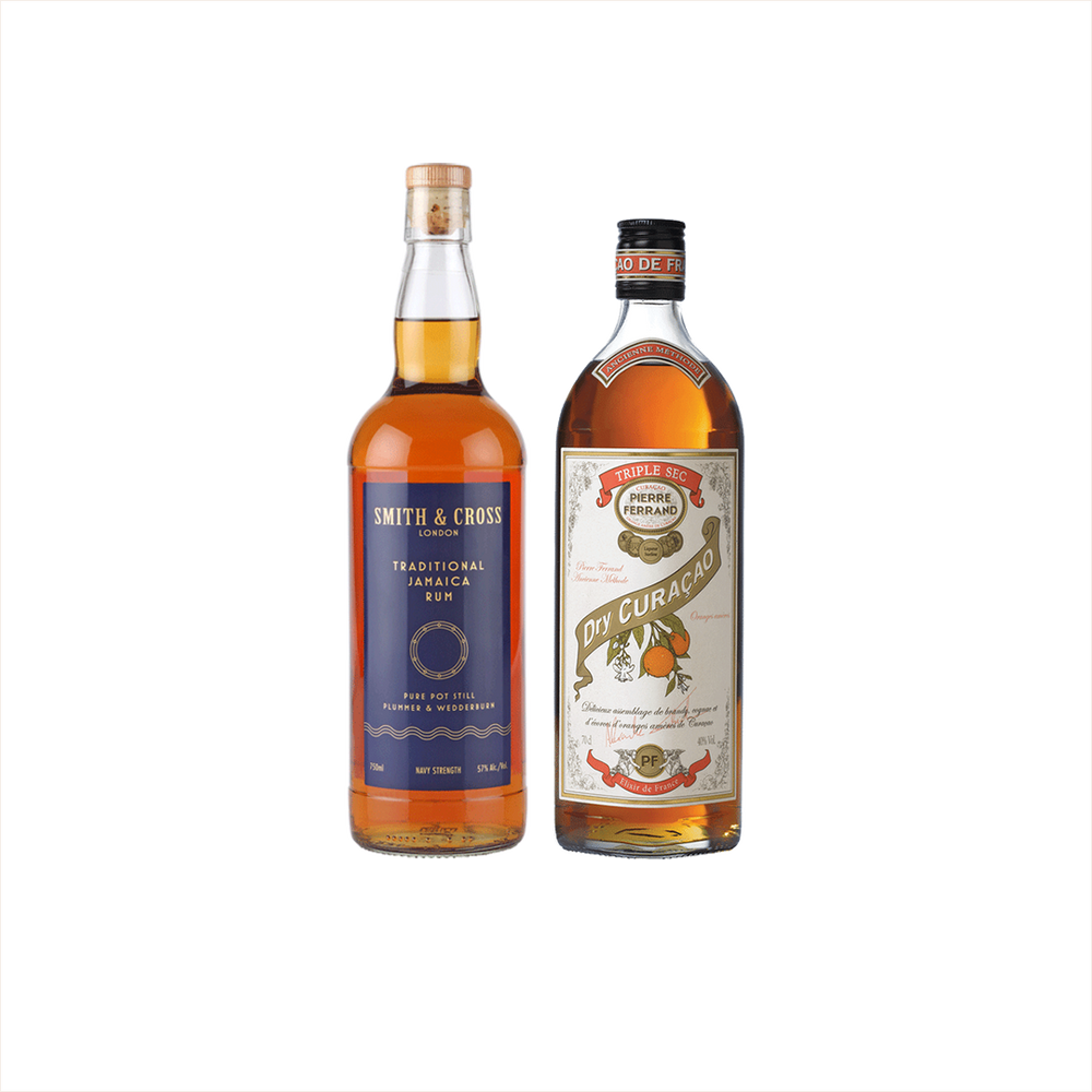 Bottles of Smith and Cross Traditional Jamaica Rum and Pierre Ferrand Dry Curacao.