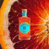 Bottle of Malfy Blood Orange Gin. Backdrop of blood orange.