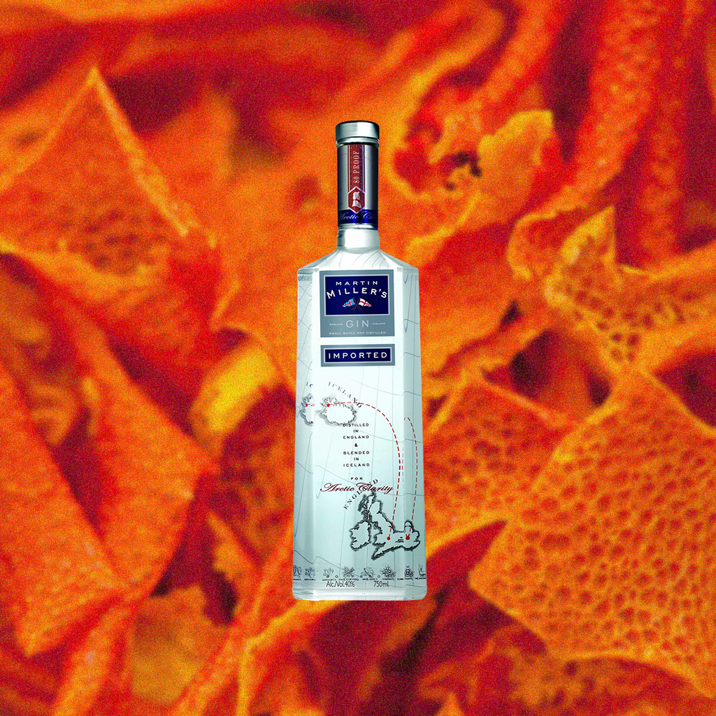 Bottle of Martin Miller's Gin, over blurred background of dried orange peels.