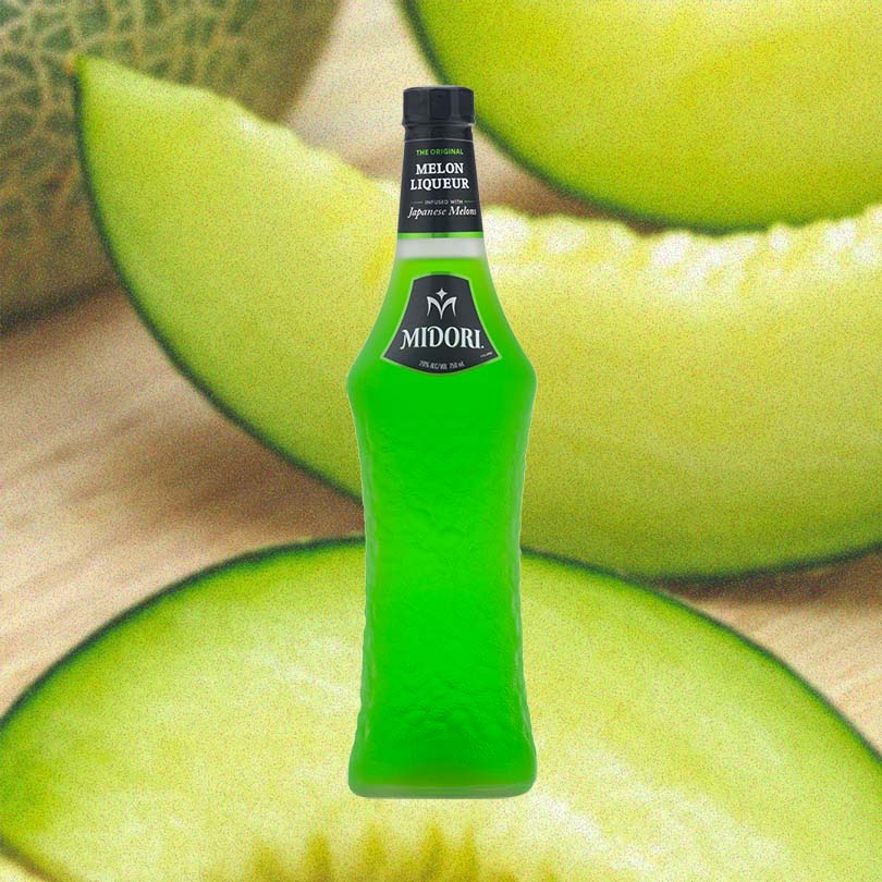 Bottle of MIDORI Melon Liqueur over background image of green melon.
